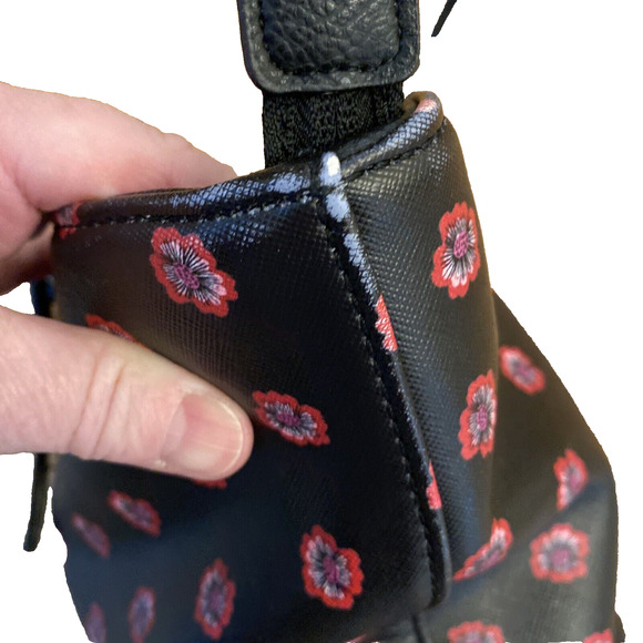 Nine West Large Tote Bag Purse Black w/ Red Pink Floral Geo Faux Leather Zip Top - Picture 6 of 10